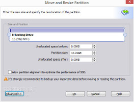 Showing the options for moving and resizing partitions in AOMEI Partition Assistant Standard Edition